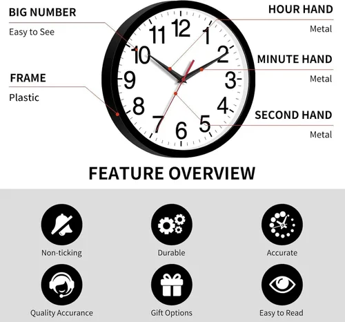 Miniatura 5 de Rohioue Reloj de pared moderno de 8 pulgadas, funciona con pilas, silencioso, sin tictac, pequeño reloj analógico para sala de estar, oficina, Negro