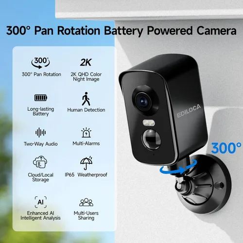 Miniatura 2 de Ediloca Cámaras de seguridad inalámbricas para exteriores, 2K Pan Rotación de 300° Cámara WiFi alimentada por batería con detección humana PIR