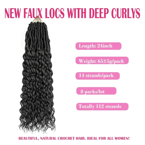Miniatura 2 de Extensiones de cabello sintético de ganchillo con extremos rizados profundos de 24 pulgadas, paquete de 8 paquetes de trenzas sintéticas suaves de 1b