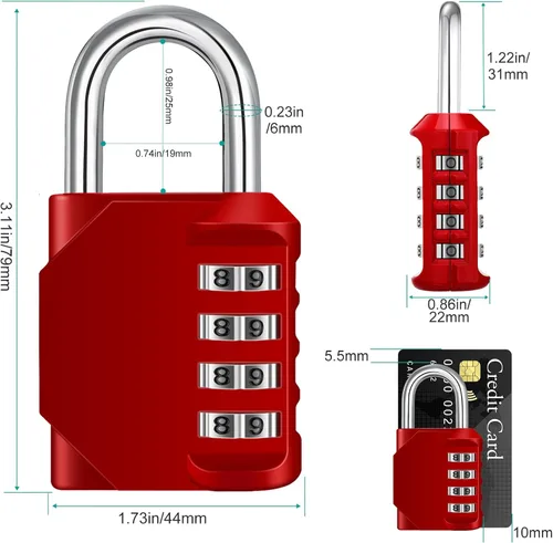 Miniatura 4 de ZHEGE Candado de Combinación, Candado de Combinación para Exteriores de 4 Dígitos para Gimnasio, Escuela, Portones, Puertas, Pestillos y rojo
