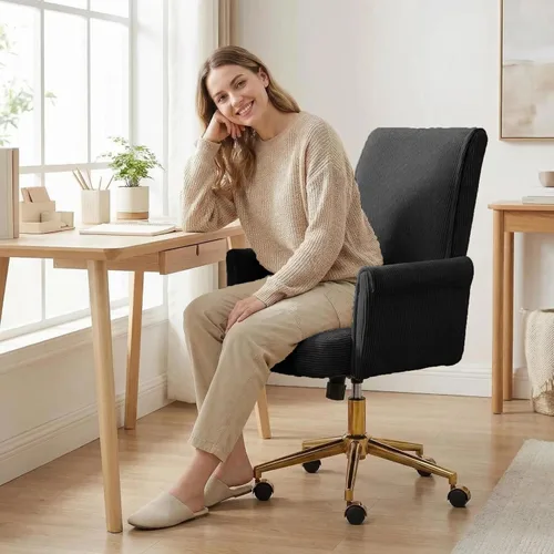 Miniatura 2 de Silla de escritorio de terciopelo con rayas para oficina en casa, silla tapizada moderna con altura ajustable y giro de 360°, con ruedas, silla