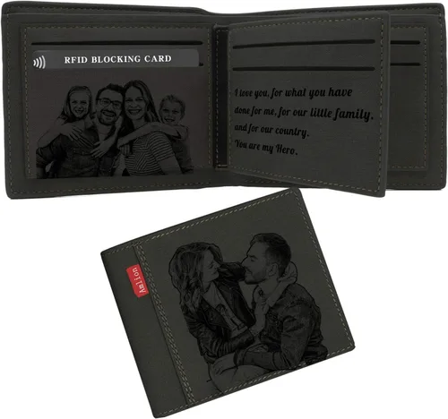 Amlion Billetera grabada personalizada, carteras RFID con foto personalizada para hombres, marido, papá, hijo, regalos personalizados, Negro -