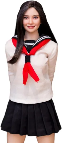 Esculpa de cabeza femenina a escala 1/6, cabeza de cabello plantado de niña asiática tallada para figura de acción de 12 pulgadas (pelo liso negro)