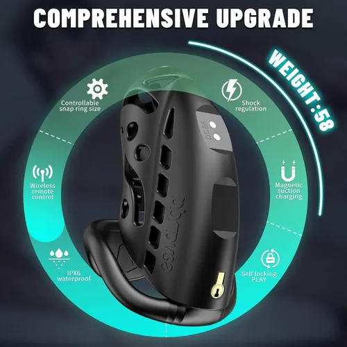 Miniatura 5 de Dispositivo de castidad masculino de choque eléctrico con control remoto, 9 intensidades e-stim, jaula de castidad con 3 anillos activos, juguete