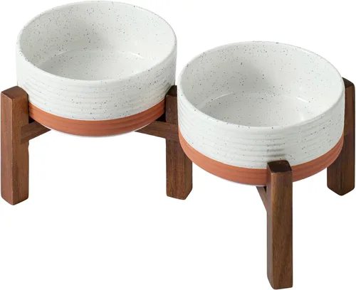 Miniatura 13 de Havniva Cuenco elevado de cerámica para perros de 6.1 pulgadas con soporte antideslizante (madera de acacia), dos opciones de altura, cuenco