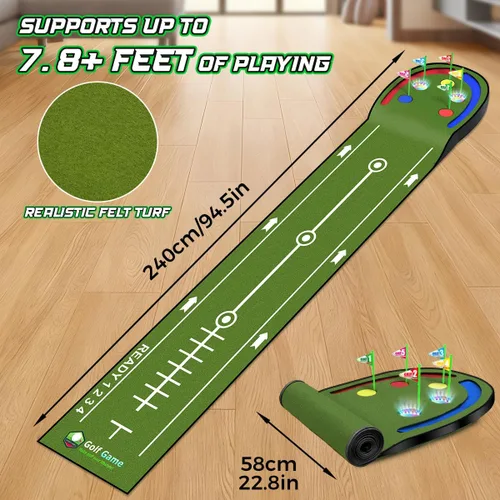 Miniatura 5 de TERRAMUS Alfombra de Golf Mejorada para Niños, Verde de Golf de 2.37 m con Agujeros LED Iluminados, Bolas Luminosas, 2 Palos, Juego de Golf