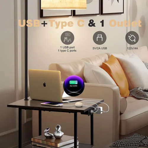 Miniatura 2 de PESRAE Lámpara de pie con mesa, lámparas para mesita de noche con estación de carga (USB y tipo C y puerto de CA), bombilla LED de 3 temperaturas