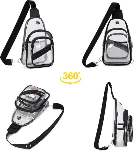 Miniatura 8 de Bolsa transparente para eventos en estadios, mochila transparente para mujer, impermeable, de PVC, cangurera cruzada para conciertos Negro