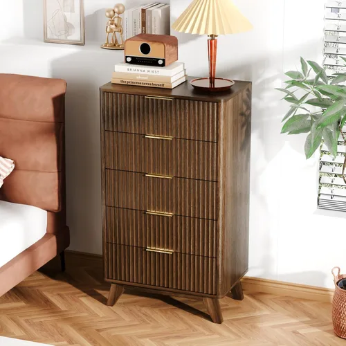 Miniatura 16 de VINGLI Cómoda alta acanalada con 5 cajones, cómoda de 23.66 pulgadas de ancho, cómoda de madera gris con bordes redondeados, aparadores grises
