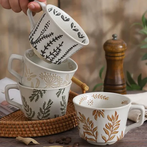 Miniatura 5 de Taza de cerámica, 11 oz - Tazas vintage para café, leche, café con leche, capuchino, té, tazas de porcelana aptas para lavavajillas, microondas