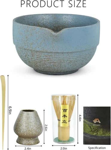 Miniatura 2 de Artcome Juego de té Matcha de alta calidad, cuenco de cerámica hecho a mano de 17 onzas con esmalte reactivo azul, batidor de bambú, cuchara