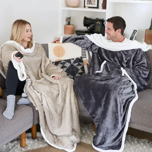 Miniatura 2 de Catalonia - Manta de forro polar tipo sherpa con mangas y bolsillo, microfelpa abrigada y cómoda para ver TV, manta para adultos, mujeres y hombres