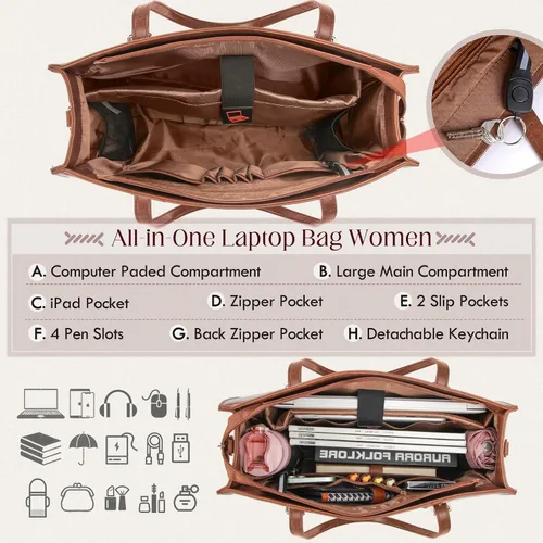 Miniatura 5 de RAINSMORE Bolsa para Laptop para Mujeres, Bolsa Tote para Laptop de 15.6 Pulgadas de Cuero PU Bolsa de Trabajo para Computadora Ligera Bolsos