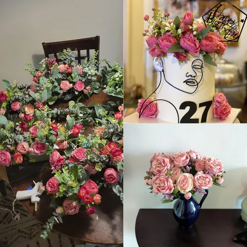 Miniatura 5 de Flores de seda de peonía artificial, ramo de peonía falsa rosa 4 paquetes Arreglos florales decoración para casa de campo estilo boho centro de mesa