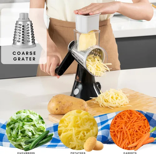 Miniatura 6 de Brieftons Rallador de queso giratorio de 4 cuchillas, cortador de alimentos de cocina con asa, cortador de verduras de mandolina, molinillo