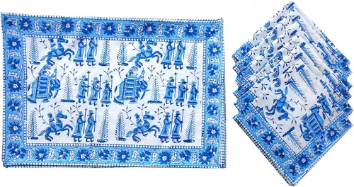 Miniatura 20 de Rastogi Handicrafts Juego de 6 manteles individuales 100 % algodón estilo indio para mesa de comedor y servilletas (azul 1)