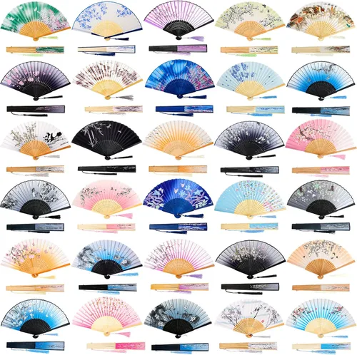 30 abanicos de mano florales estilo vintage chino ventilador plegable de seda ventilador de mano plegable con marco de bambú plegable de tela de