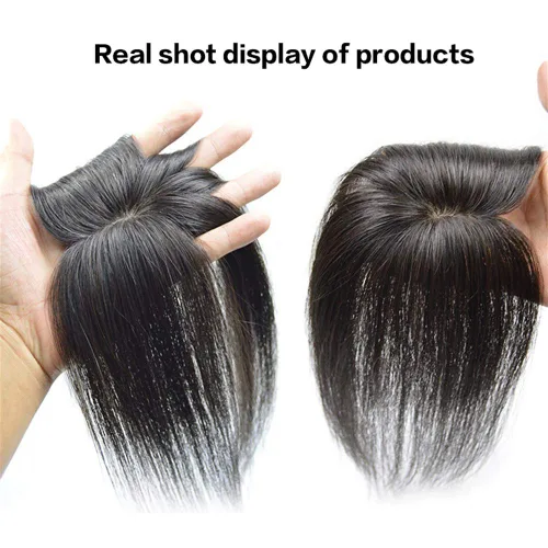Miniatura 2 de Decoración de cabello humano real para mujer, base de seda, clip en la parte superior del cabello para cubrir el cabello blanco, cinta de pelo liso