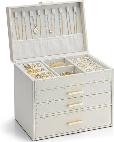 Vlando Joyero grande de 4 capas Organizador de joyas, organizador de joyero para cajón, collar, anillo, pulsera y reloj, regalo de cumpleaños para