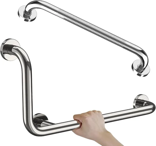Barra de sujeción en forma de L de cromo pulido de 12x24 pulgadas + pasamanos de ducha estriado de 20 pulgadas, barra de seguridad para inodoro de