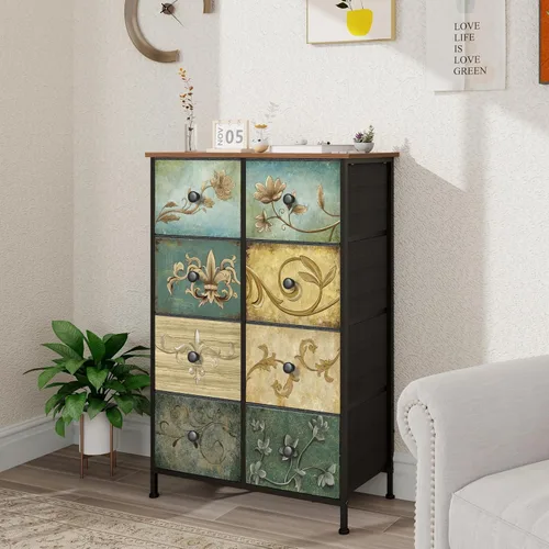 Miniatura 5 de Tohomeor Cómoda de Almacenamiento Estrecha Cómoda Delgada con Cajones de Tela de Flores Retro Gabinete Vertical Delgado para Espacios Pequeños