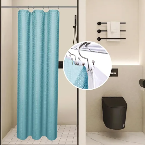 Miniatura 17 de LaCyan Cortina de ducha impermeable de punto gofre, juego de 3 piezas resistente de 258 GSM con forro transparente y 12 ganchos de acero inoxidable