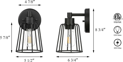 Miniatura 4 de XiNBEi Lighting Aplique de pared, apliques de jaula vintage, iluminación de pared, lámpara negra de granja XB-W1287-1-MB