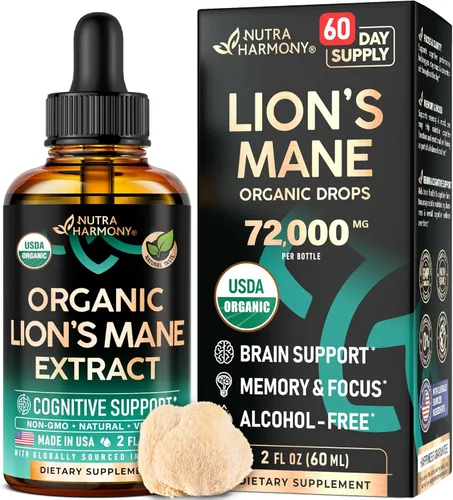 Lions Mane Liquid – Suplemento orgánico de Lions Mane certificado por USDA – Apoyo cerebral, energía, memoria y enfoque – Extracto de hongo Lion's