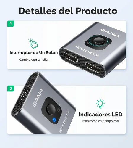 Miniatura 8 de Conmutador HDMI 4K@60Hz Divisor, GANA Conmutador HDMI Bidireccional de Aluminio 2 en 1 Salida, Hub HDMI Manual Soporta HD Compatible con Xbox Gris