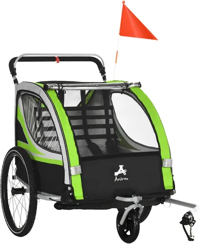Miniatura 11 de Aosom Remolque de bicicleta de bebé 3 en 1 para niños, 2 plazas, cochecito de bicicleta de alta visibilidad para carro pequeño, accesorio de Rojo