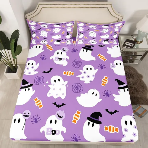 Miniatura 7 de Sábana bajera ajustable de fantasma de Halloween, tamaño individual, sábana de bruja de calabaza de caramelo de dibujos animados, juego de ropa