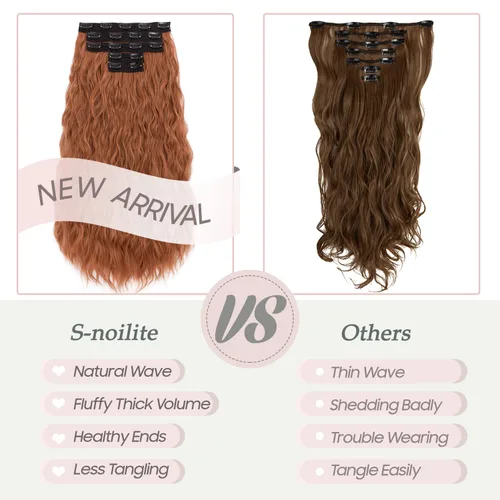 Miniatura 5 de S-noilite Extensiones de cabello sintético con clip de 24 pulgadas, 5 unidades, ondas sueltas, extensiones de cabello sintético grueso y natural