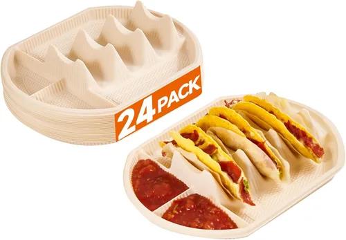 24 soportes desechables grandes para tacos para fiestas, platos de almidón de maíz, soporte para 3 tacos, 2 áreas de inmersión, bandejas de fiesta