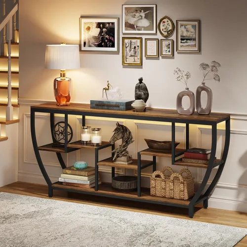 Miniatura 2 de Tribesigns - Mesa de sofá larga de 70.9 pulgadas con estantes, mesa consola rústica con almacenamiento, mesa de entrada industrial, soporte para TV