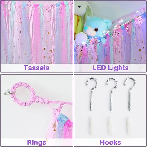 Miniatura 3 de Hamaca de almacenamiento de red de animales de peluche con luces LED, borlas coloridas, hamaca colgante de juguetes de peluche, organizador para Rosa
