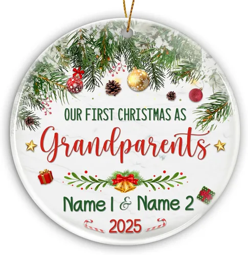 Miniatura 21 de Adorno personalizado para la primera Navidad del bebé 2025 con nombre personalizado, lindo oso en la luna, adornos redondos, regalo de primer