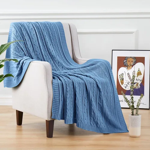 Miniatura 2 de Aormenzy - Manta de punto trenzado azul polvo para sofá, cama, sillón, manta de acrílico tejida, manta suave y acogedora, 50 x 60 pulgadas