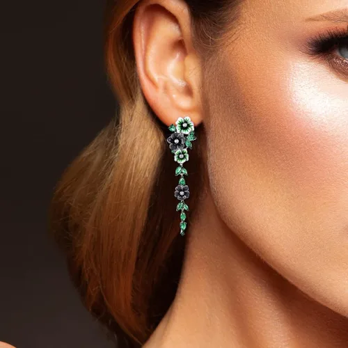 Miniatura 4 de Santuzza Pendientes de plata de ley con diseño de espinela verde y flor de peonía para mujer