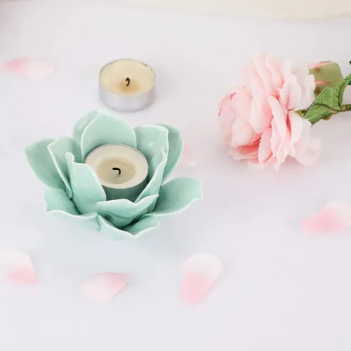 Miniatura 4 de OwnMy Portavelas de cerámica verde de flor de loto de 4.5 pulgadas para velas de té, portavelas de pétalo de loto para velas de té, soporte de vela