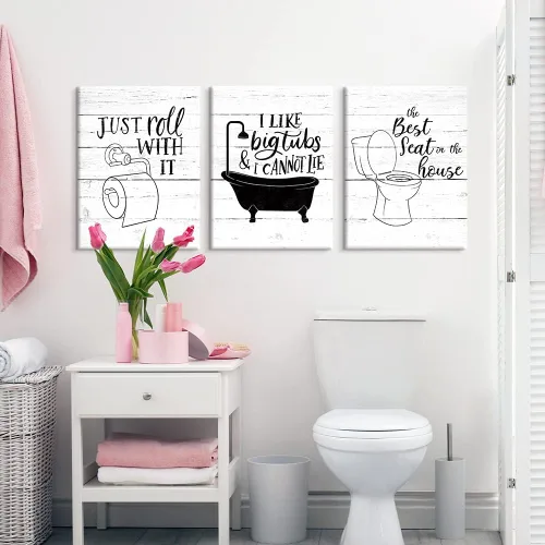 Miniatura 5 de Arte Gracioso de Baño en Lona para Pared en Blanco y Negro Juego de Inodoro y Tina Cartel Impreso en 3 Piezas Pintura de Citas de Baño Estilo Retro