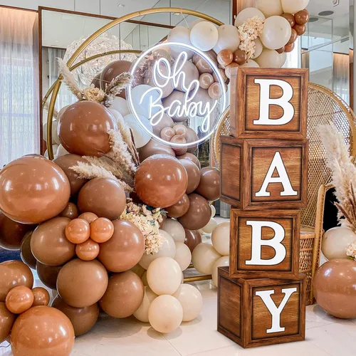 Miniatura 6 de Cajas de baby shower para decoraciones de cumpleaños – 4 cajas de globos de bebé de grano de madera marrón, cajas de bebé para decoración de centro