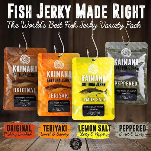 Miniatura 3 de Kaimana Jerky Variedad de atún Ahi, paquete de 12 unidades, hecho a mano, rico en proteínas y buena fuente de Omega 3, sabrosos, deliciosos y todos