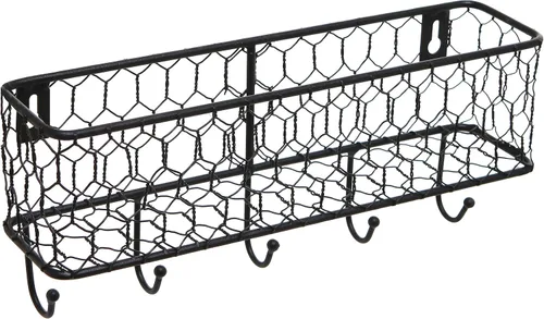 MyGift Soporte de metal montado en la pared y organizador de llaves con 5 ganchos, cesta de almacenamiento decorativa y ganchos para colgar llaves,