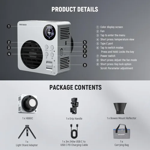 Miniatura 9 de NEEWER HB80C RGBWW - Luz de video LED con batería integrada de 72 Wh y carga rápida PD de 100 W, iluminación de salida continua COB Mini RGB de 80