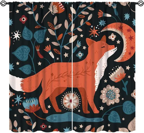 Cortinas opacas de dibujos animados de animales de bosque naranja, zorro, flores, luna, hojas azules, arte abstracto, niños y niñas, decoración con