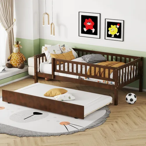 Miniatura 10 de Harper & Bright Designs Sofá cama de tamaño individual con nido, marco de cama individual de madera para niños con rieles, no necesita somier, fácil
