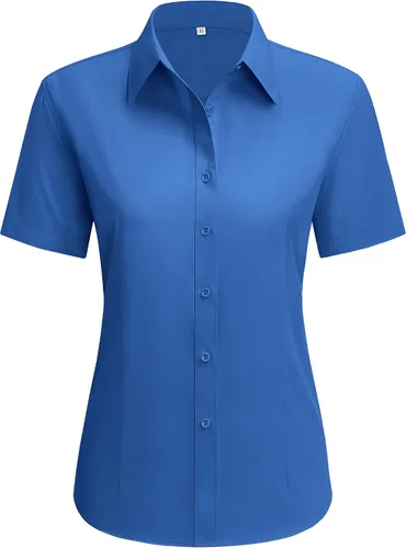 Miniatura 21 de siliteelon Camisas de vestir para mujer, de manga corta, de algodón, camisa con botones abajo, camisa básica con botones arriba, camisas con cuello