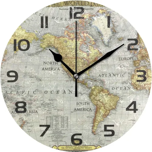 Reloj de pared redondo con mapa del mundo vintage, silencioso, sin tictac, diseño de números arábigos retro, para el hogar, oficina, escuela, arte