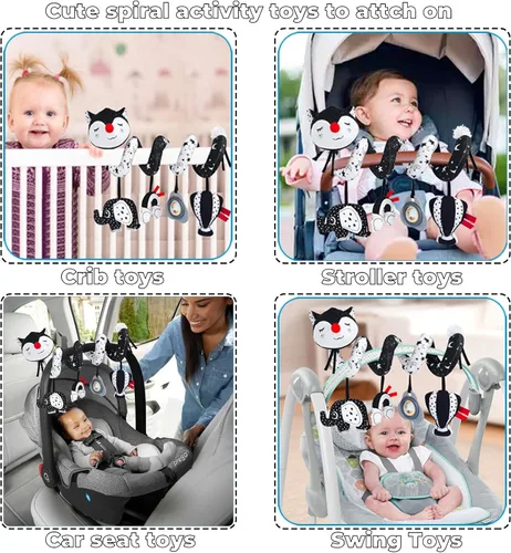 Miniatura 4 de Juguetes de asiento de automóvil para bebés de 0 a 6 meses, juguetes de bebé de alto contraste en blanco y negro colgantes para cuna y cochecito