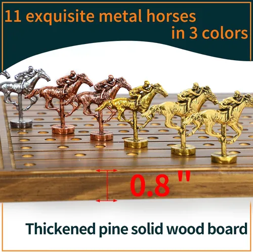 Miniatura 3 de Jyquorp Juego de mesa de carreras de caballos, juego de carreras de madera maciza con 11 lujosos caballos de metal clásicos duraderos con 4 dados